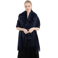 fashion womens autumn winter wool with rabbit fur pompon warm tassel shawl scarf wrap ponchos capes cardigan navy cloak