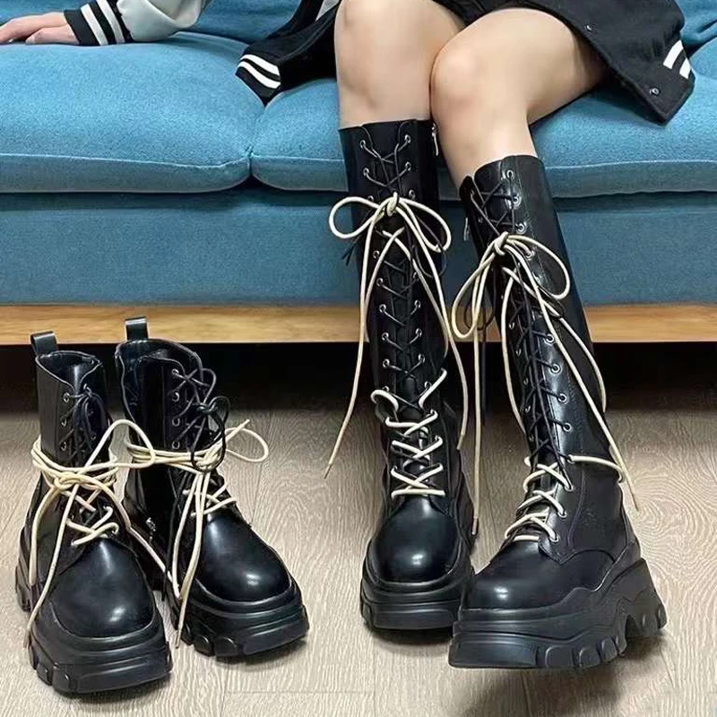 

Женские сапоги до колена, черные сапоги на платформе, на шнуровке, в готическом стиле, на танкетке, в стиле панк, осень