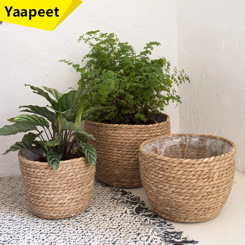 

Straw Weaving Flower Plant Basket Grass Planter Basket Indoor Outdoor Flower Pots Cover Plant Containers for Plantable Plants FU