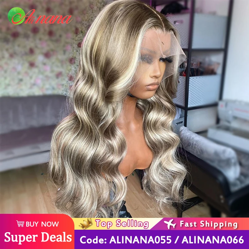 Highlight Grey Blonde Colored 13x6 Transparent Lace Frontal Wig Pre-Plucked Ashy Blonde Body Wave Human Hair Wig For Black Women