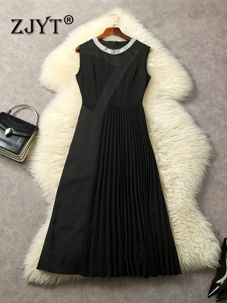 

ZJYT Luxury Beading Sleeveless Black Party Dresses for Women 2023 Summer Designer Pleated Midi Vestidos De Fiesta Elegant Robes