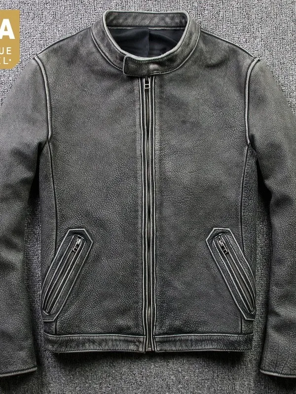 

Mens Cowhide Leather Jacket Vintage Grey Stand Collar Biker Genuine Leather Jacket Windbreaker Slim Fit Short Coat Plus Size 5XL