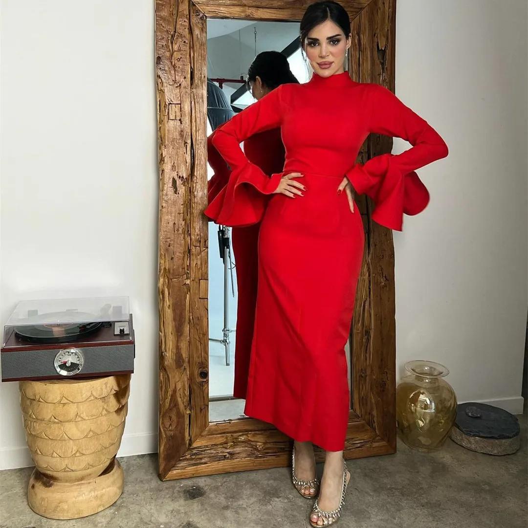 

Элегантное короткое красное вечернее платье с высоким воротником, облегающее платье с оборками по щиколотку, женское формальное платье для выпускного вечера