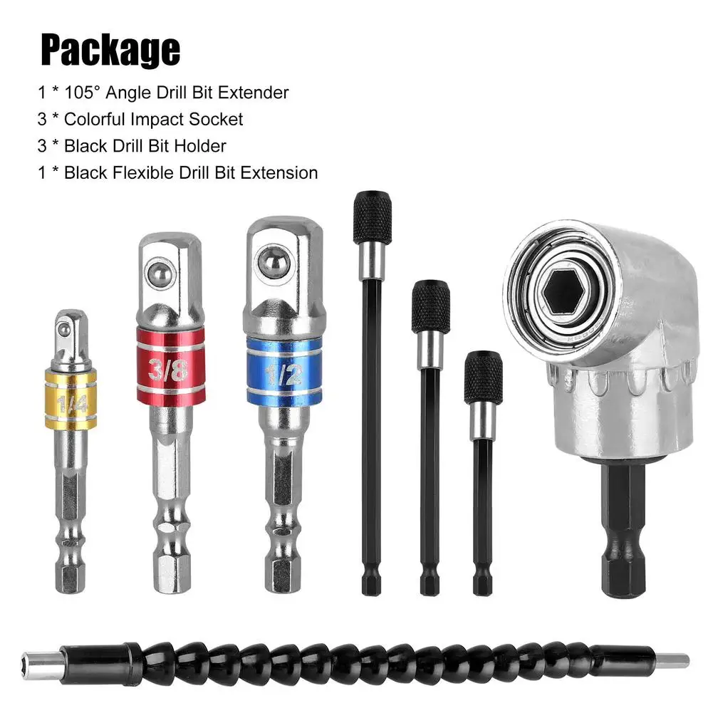 

Flexible Extension Set With 105 Degree Right Angle Drill Bit Extender 1/4 3/8 1/2" Hex Shank Socket