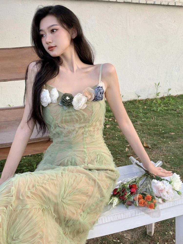 

Korean Fashion Casual Strap Dress Summer Vintage Flower Sexy Dress Elegant Party Midi Dresses Female Holiday Designer Chic 2022