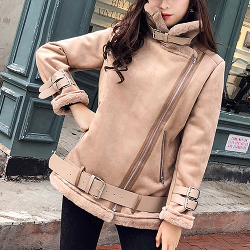 

New Autumn Winter Women Fake Suede Leather Short Jacket with Belt Streetwear Motorcycle Biker Female Thick Warm Coat