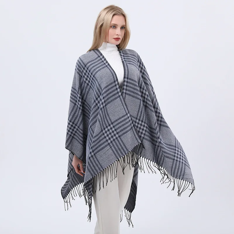 

Xiaohongshu 2022 European and American New Plaid Jacquard Simple Shawl Split Cloak Women's Tassel Lengthened Shawl