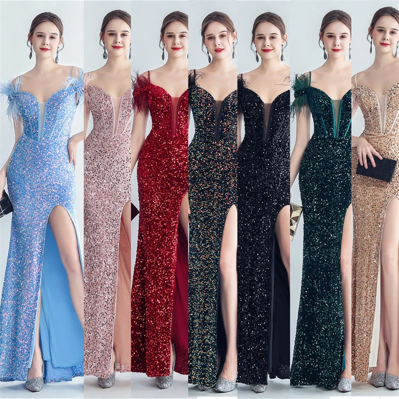 Платье с открытыми плечами и перьями вечернее платье-годе блестками разрезом на
