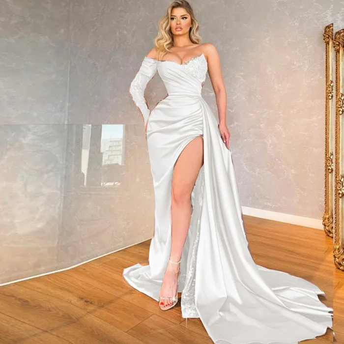 

2022 Spring Summer Long Off Shoulder Slash Neck Sequined White Long Style Fishtail Evening Dress Women Floor Length