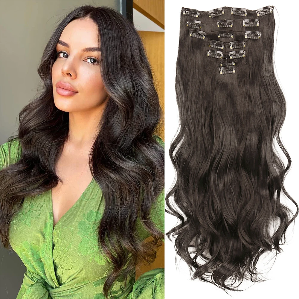 Synthetic Hair Extension Long Wavy 16 Clips Natural Black Hair 7Pcs/Set Heat Resistant Fiber Hairpiece Brown For Women