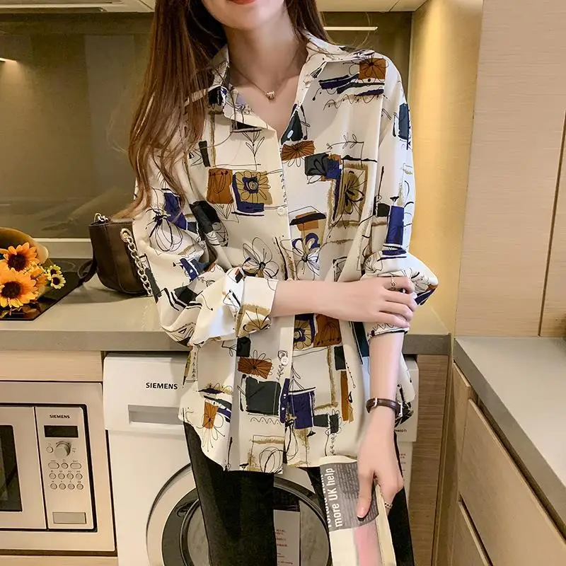 Spring New Printing Loose Blouse Long Sleeve Plus Size Versatile Shirt Tops Korean Style Casual Fashion Women Clothing