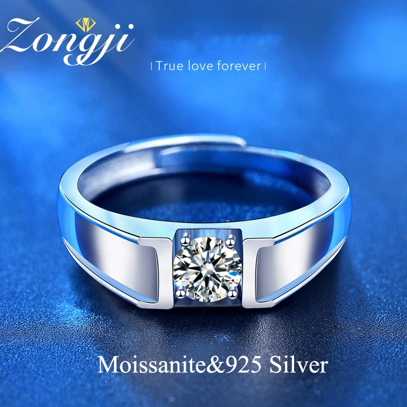 

S925 Sterling Silver Moissanite Adjustable Korean Men's Creative Simple Wedding Diamond Ring with Certificate For Gifts
