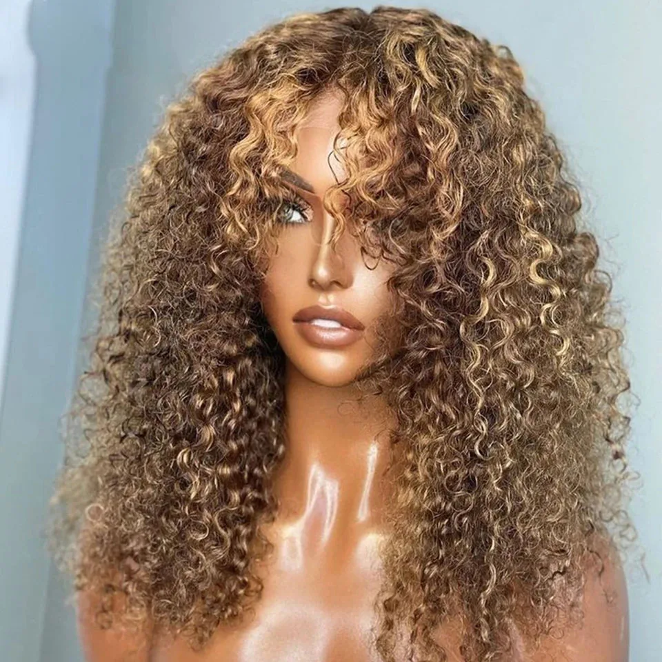 

200 Density Honey Blonde Human Hair Wigs For Women Kinky Curly 13x6 Lace Front Highlight Wig Ombre Brown Colored Pre Plucked