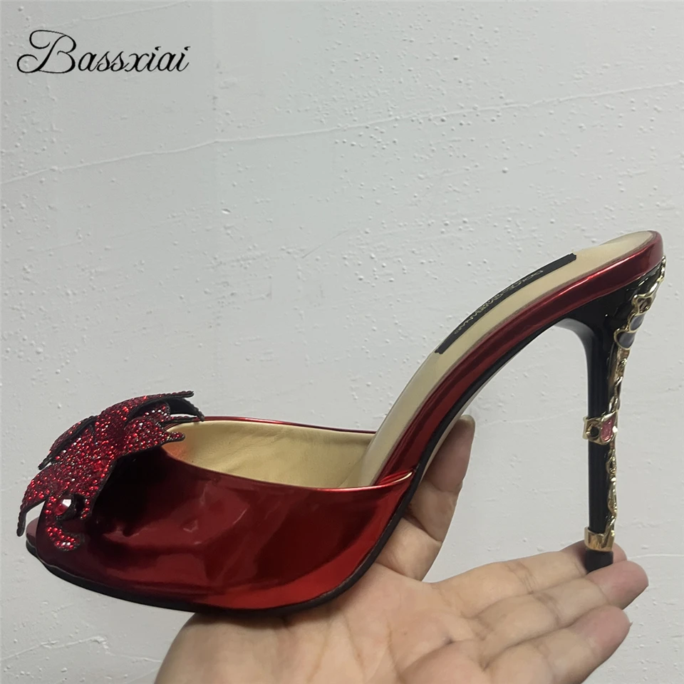 

Rhinestone Diamond Flower Decor Sandals Women Unique Petal Embellished Stiletto Heel Patent Leather Slingbacks Mules Summer