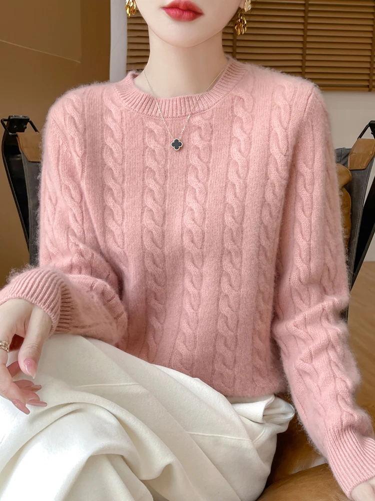 2024 осенне-зимний женский свитер с круглым вырезом витой 00% чистый горный пуловер