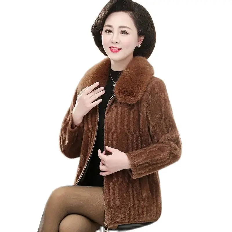 

Winter Top-Grade Resemble Mink Cashmere Naist Female Thickening Fur Collar Upper Garment Quinquagenarian Fashion Zipper Overcoat