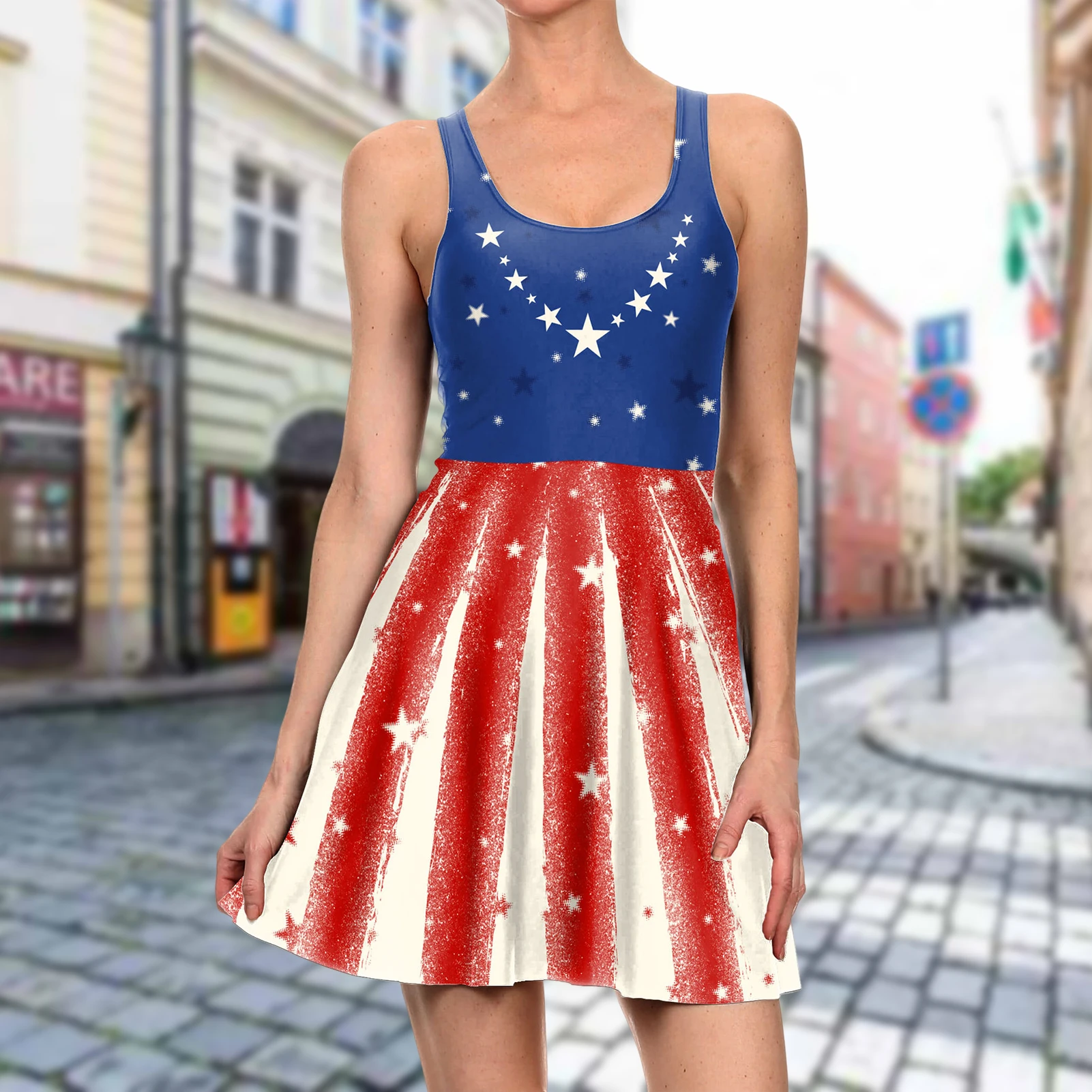 

Women Sleeveless Dress Pleated Independence Day Holiday Short Dress Large Swing Printed Fashion Simple Seaside Sundress 2023