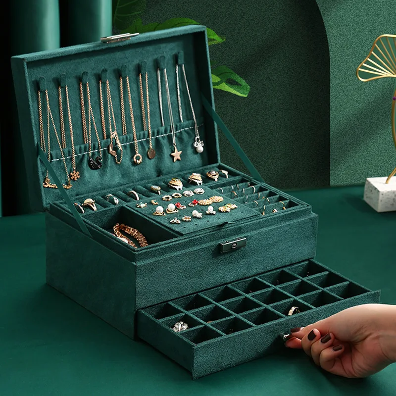 Three Layer Jewelry Box Jewelry Organizer With Lock Vintage Flannel Earrings Ring Necklaces Watch Jewelry Storage Box Organizer