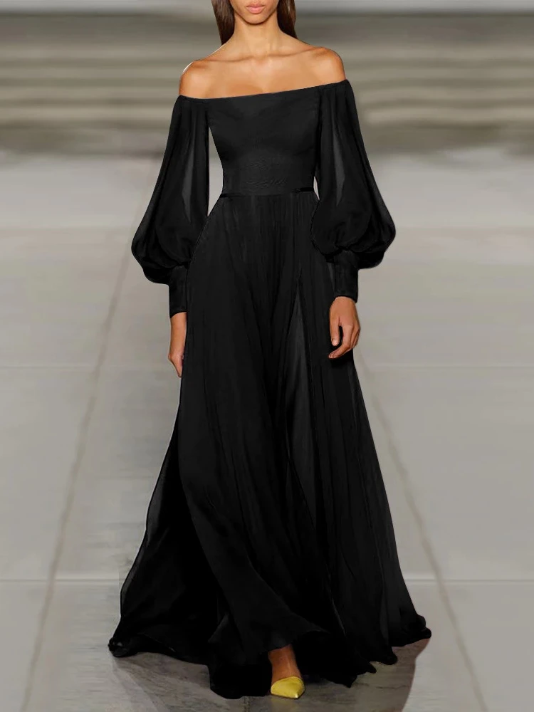 

Sexy Off Shoulder Chiffon Long Dress Lantern Sleeve Fashion Robe Elegant Women Dresses for Party Black Purple 2022 Summer Autumn