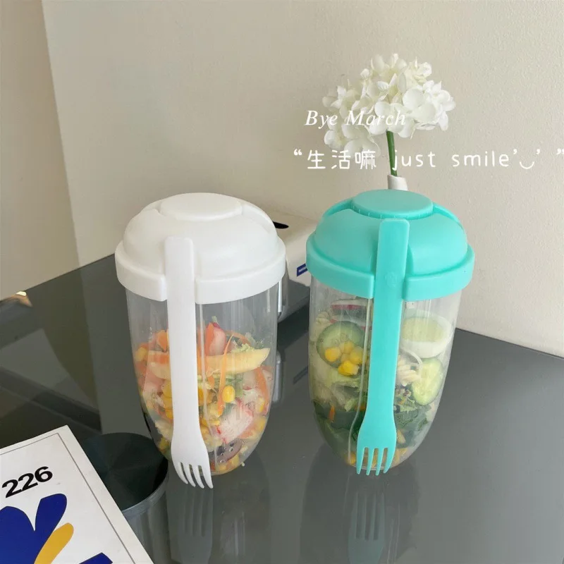 

1L Portable Salad Cup Bottle Container with Fork Sauce Cup Breakfast Salad Cup Fashion Lunch Box Bento Food Bowl