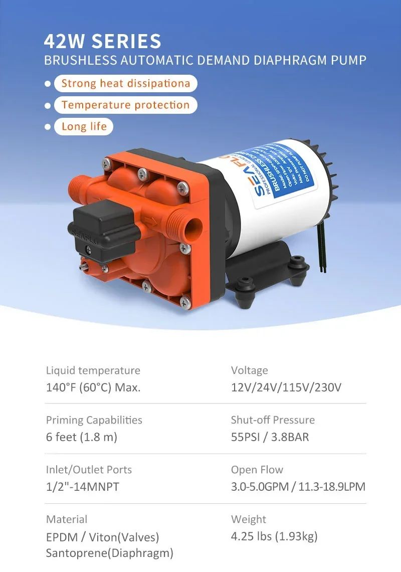 Циркуляционный водяной насос SEAFLO 12V с бесщеточным двигателем, 5.0GPM, для солнечных систем водоснабжения (art.: 3920dca0c00aa) - 3920dca0c00aa