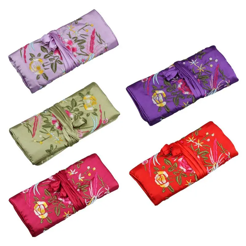 

Silk Brocade Jewelry Pouch Roll Wrap Gift Bags Coin Purse Embroidered Candy Bag Drop Shipping