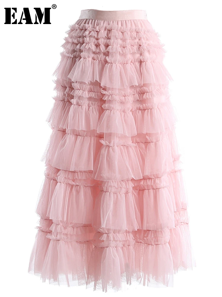 

[EAM] Ruffles Mesh Cake Pleated Big Hem Brown Color High Waist Half-body Skirt Women Fashion Tide New Spring Autumn 2022 1DD3228