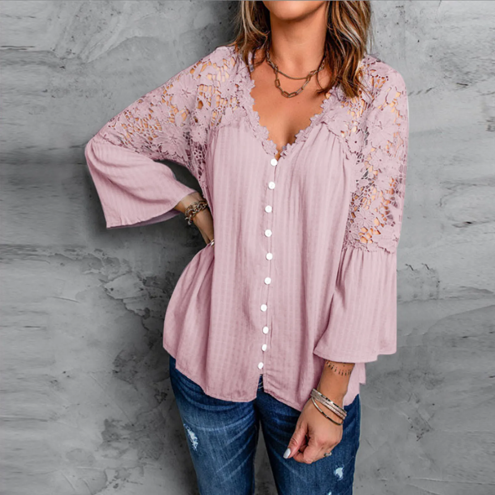

Womens Long Sleeve Lace Trim Tunic Tops Button Down Casual Blouse Cute V Womens Tall Work Tops Fashion Women Shirts And Tops