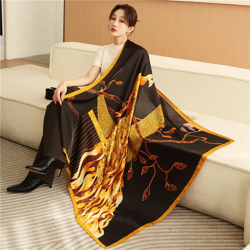 

Elegant Silk Satin Square Scarf Women Luxury Print Large 110cm Spring Travel Shawl Wrap Female Beach Stoles Bandana Hijab 2022