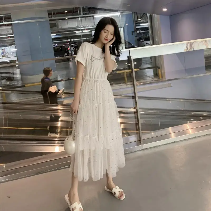 

Spring Summer Korea Fashion 2023 New Women Mesh Dresses White O-neck Elegant Prom Short Sleeves Women Party Sexy Slim Long Dres