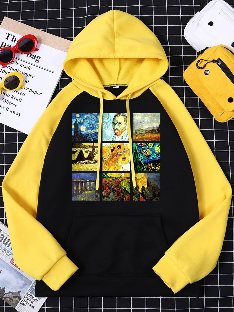 

Oil Painting Nine Grids Prints Womens Long Sleeves Casual Fleece Sweatshirt Oversize Fashion Clothing O-Neck Woman Raglan Hoodie