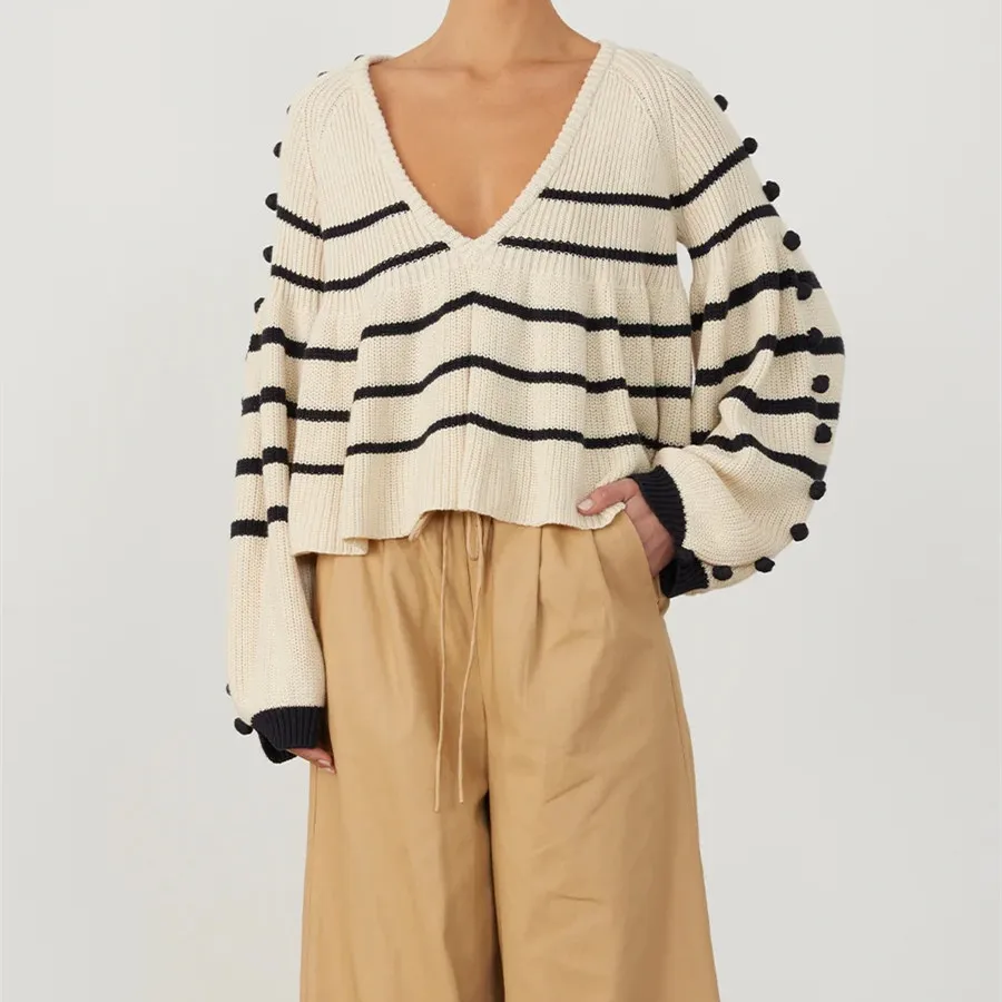 

Новинка 2023, женский свитер в полоску с V-образным вырезом, СВОБОДНЫЙ Модный вязаный свитер с длинным рукавом