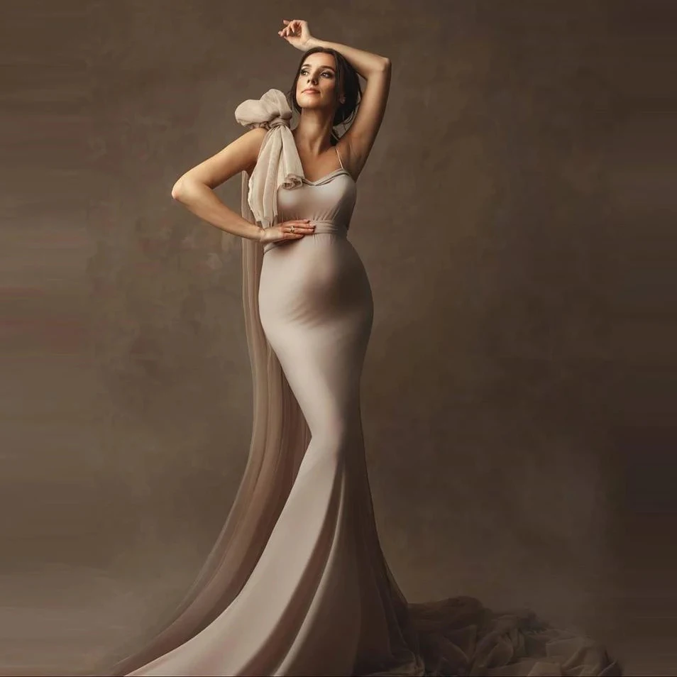 

Sexy Mermaid Maternity Dresses With Tulle Bow Custom Made Spandex Women Photography Wear Plus Size Long Maternity Robes