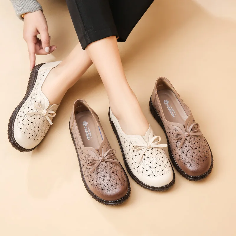 2023 New Spring Autumn Flat Ladies Bowtie Hollow Leather Shoes Female Summer Breathable Mocasines Soft Sole Comfort Flat Sanda