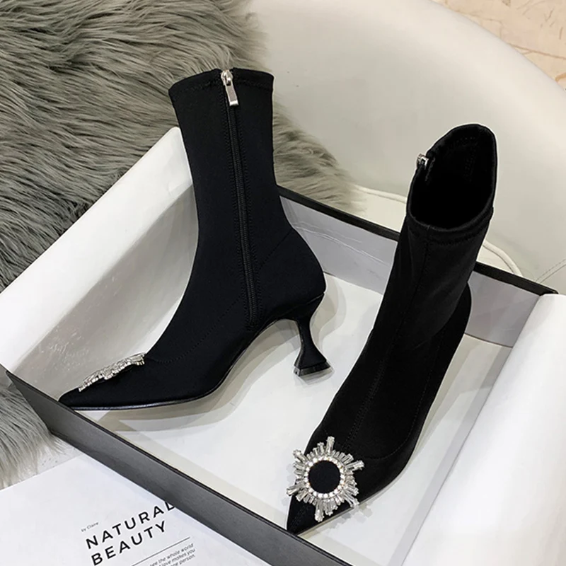 2023 New Autumn and Winter Pointed Toe Stiletto Mid-tube High Heels Rhinestone Elastic Women's Short Boots