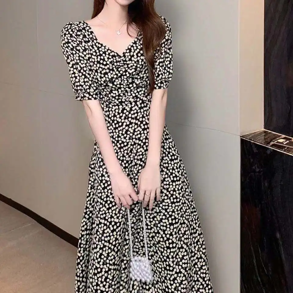

Dress Women Floral Mid-calf A-line Elegant French Style Girls Square Collar Lantern Sleeve Back Hollow Out Sexy Leisure Holiday