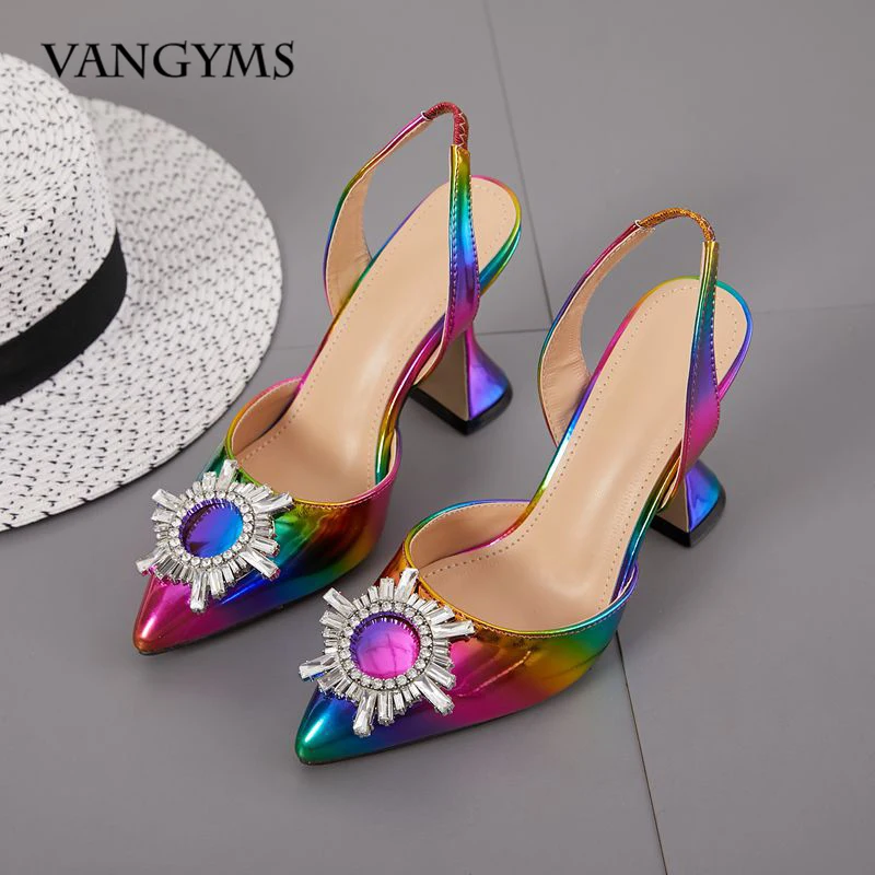 Summer Woman‘s High Heels Shoes Fashion Luxury Pointed Toe Diamond Crystal Rainbow Pumps Ladies Wedding Shoes Zapatos Mujer