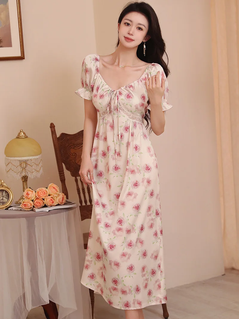 French Princess Nightgowns Pajamas Sleepwear Women Silk Summer Short Sleeve Lace-up Rose Printed Fairy Ruffles Sweet Night Dress