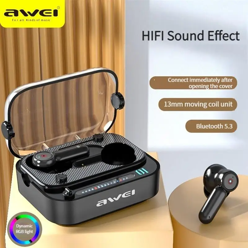 

Awei T58 Wireless Earbuds Bluetooth V5.3 Earphone Bass Waterproof E-sports DNS Games Headphones With Mic HiFi Stereo Headset