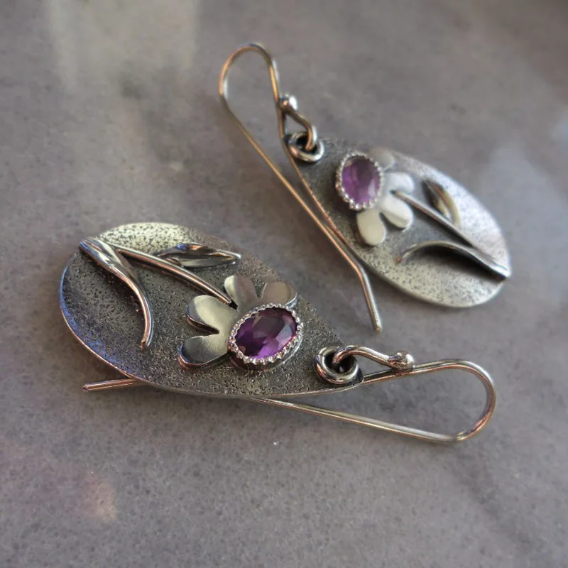 

Vintage Drop Shaped Metal Hand Carved Flower Earrings Inlaid Amethyst Women's Hook Drop Earrings Jewelry