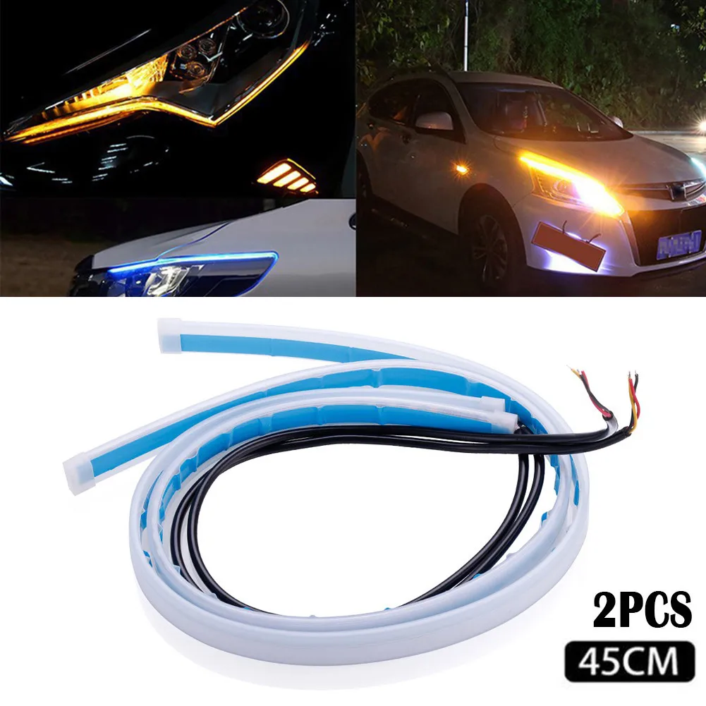 

2pcs 45cm Slim Sequential Flexible LED DRL Turn Signal Strip Light Headlight ABS+Silicone Waterproof Car Lights