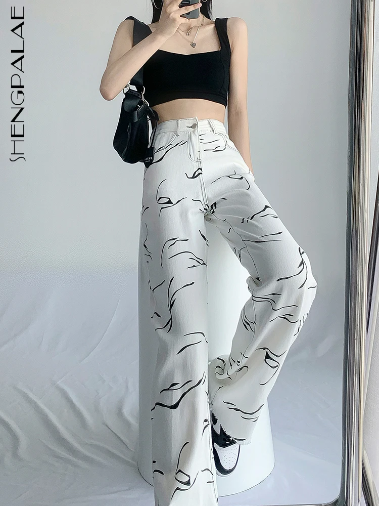 

SHENGPALAE, женские джинсы с высокой талией и необработанными краями, свободные джинсовые брюки с широкими штанинами, прямые брюки с галстуком-к...