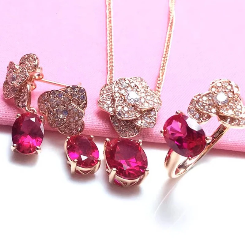 

Romantic Elegant New In flower Petal Red Gem jewelry sets 585 Purple Gold Plated 14K Rose Gold Exquisite earrings for women ring