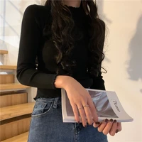 allseason fashion woman solid casual lovely sexy pullover turtleneck women ruffle cuffs slim tees bottom knitted top soft