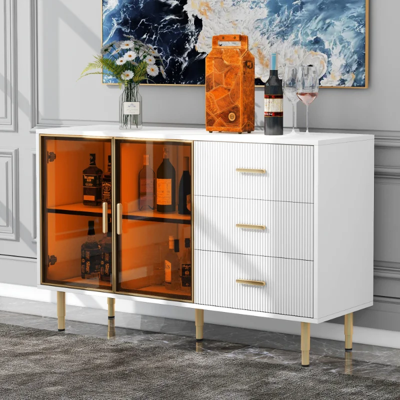 

TREXM Modern Sideboard MDF Buffet Cabinet Marble Sticker Tabletop and Amber-yellow Tempered Glass Doors with Gold