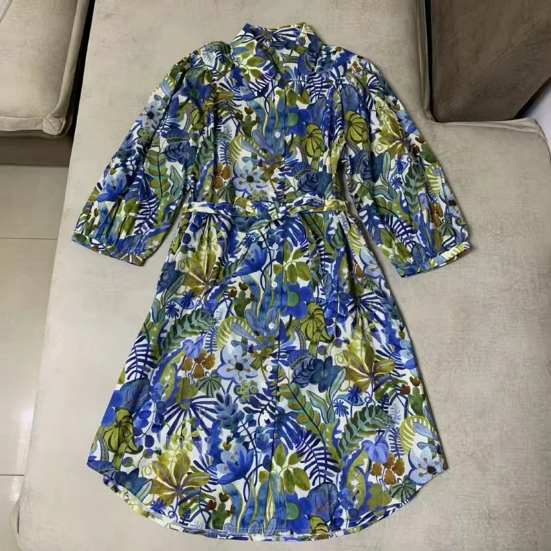 

100%Cotton Long Shirt Dress 2022 Summer Ladies Turn-down Collar Vintage Floral Prints Belted Half Sleeve Casual Loose Dress