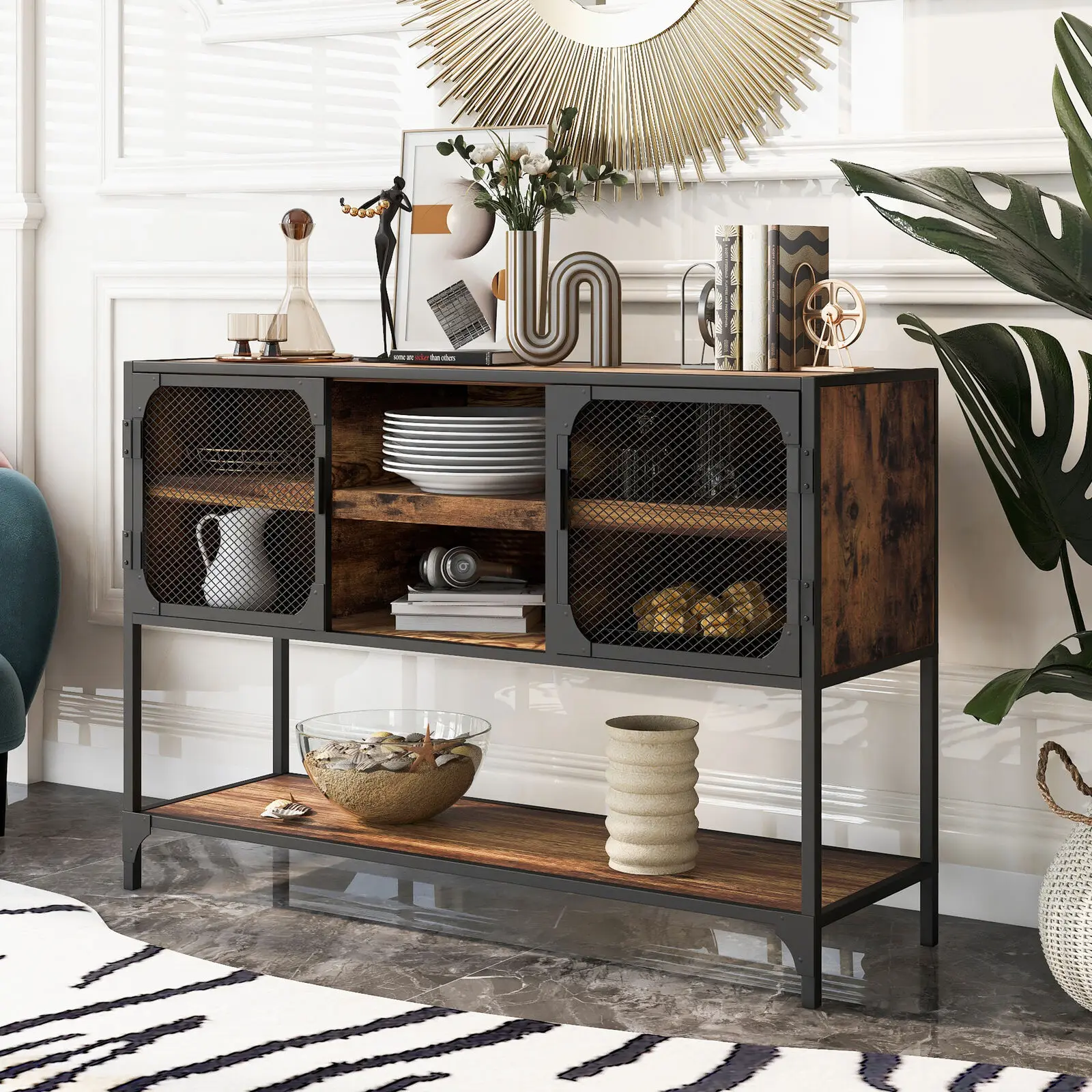 

Industrial Console Table with Metal Grid Door and 3 Thicken Shelves for Living Room Multifunctional Industrial Design