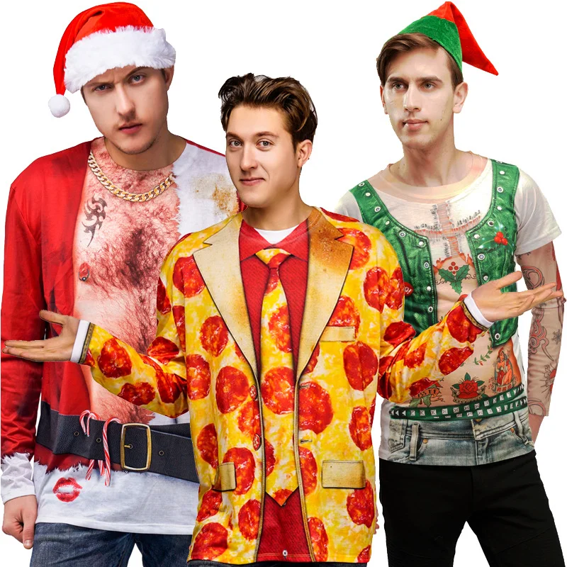 Christmas Adult Men's Funny Pizza 3D Digital Printed T-shirt Men's One Piece Printed Funny Suit T-shirt Christmas Cosplay