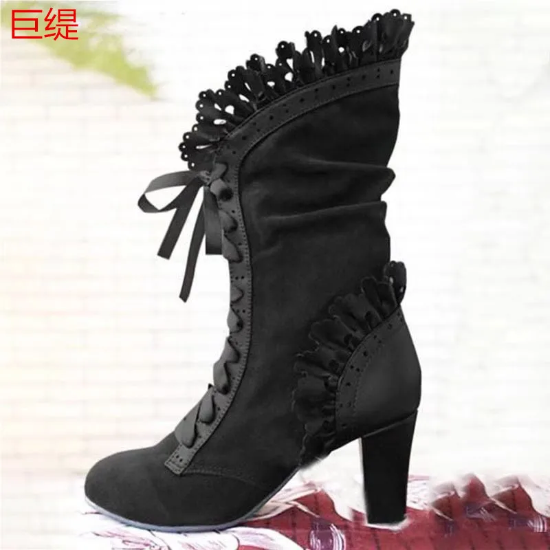 High Heel Boots Women Steampunk Women Sexy Leather Suede Boots Autumn Vintage Winter Shoes Women Lace Up Cosplay Boots HVT37389
