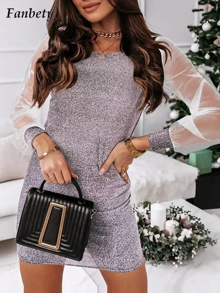 

Женское элегантное яркое Прозрачное платье в стиле пэчворк, летнее вечерние ное мини-платье с круглым вырезом, женское повседневное блестя...